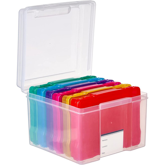 5"x7" Multicoloured Storage Box Photo & Crafts Organiser Including 6 Cases & Labels