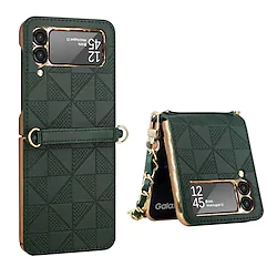 Phone Case For Samsung Galaxy Full Body Case Z Flip 3 Shockproof Dustproof with Phone Strap Solid Colored Geometric Pattern Genuine Leather PC Lightinthebox