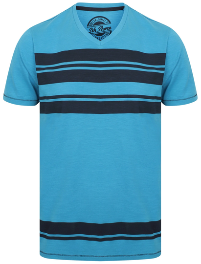 T-Shirts Sungai V Neck Striped Cotton T-Shirt In Swedish Blue - South Shore / M - Tokyo Laundry