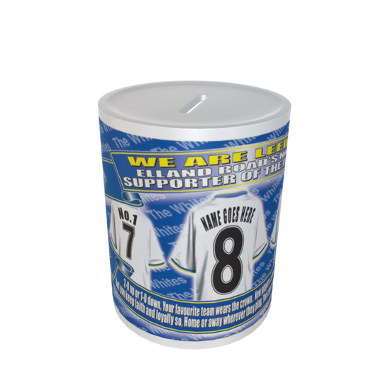 Personalised Leeds Football Shirt Ceramic Money Box Gift