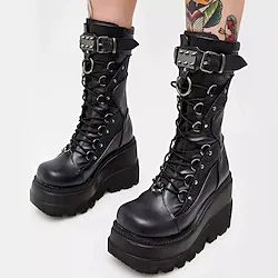 Women's Shoes Mid Calf Combat Boots Round-Toe Punk Lolita Punk Gothic Chunky Heel Shoes Lolita Black White PU Leather Lightinthebox