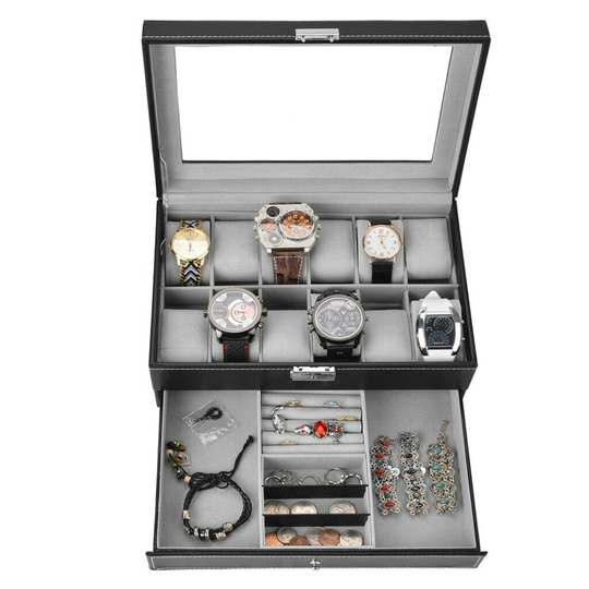 Mens 12 Grid Leather Watch Display Case Jewellery Storage Holder Box