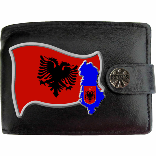 (Standard) ALBANIA Flag Albanian Map COA Mens Wallet Chain Leather Coin Pocket Klassek RFID Blocking Credit Card Slots and Metal Gift Box