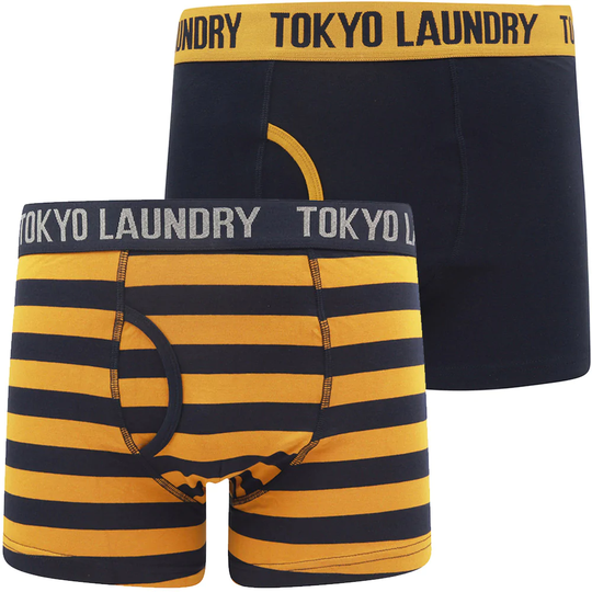 Mens Underwear Nicholson (2 Pack) Striped Boxer Shorts Set in Buckthorn Brown / Sky Captain Navy - Tokyo Laundry / S - Tokyo Laundry