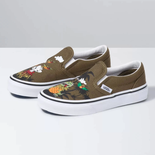 Vans Youth Kids Classic Slip-On Shoes - Dineapple Floral - Military Olive/True White