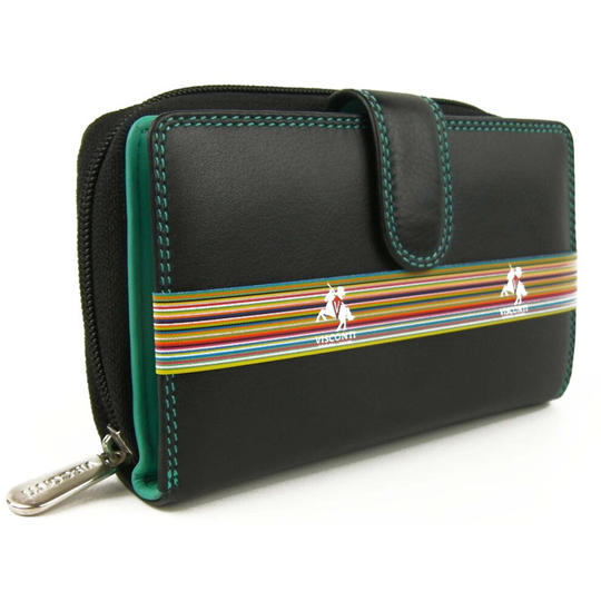 Quality Ladies Soft Leather Two Tone Purse Wallet by Visconti; Colorado Gift Boxed (Black & Aqua)