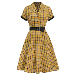 Women's Audrey Hepburn 1950s Swing Dress 100% Cotton Retro Vintage V Neck Flare Dress Black Watch Plaid Dailywear Tea Party Short Sleeve Dress Christmas Lightinthebox