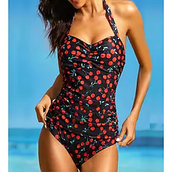 Women's Swimwear One Piece Monokini Bathing Suits Normal Swimsuit Backless Tummy Control Ruched string Print Cherry Fruit Green Blue Red Halter Padded Strap Bathing Suits New Vacation Fashion / Cute Lightinthebox