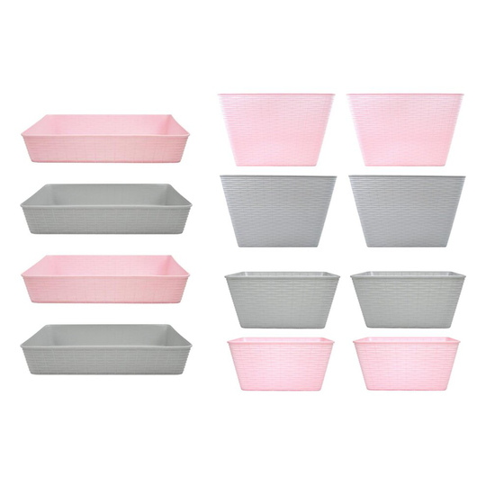 12pc Storage Baskets Set Rattan Style Box Grey Pink Cupboard Bathroom Plastic 3 Sizes