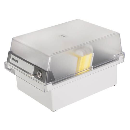 HAN 966-S-631, Card filing box Special Edition A6 landscape. Innovative, attractive design holds 800 cards with lock, readjustable lid supplied...