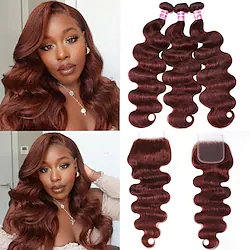 Reddish Brown Body Wave Human Hair 3 Bundles with 4x4 lace closure Free Part Brazilian Remy Hair Copper Red Wavy Bundles and Closure Colored Human Hair Extensions 16 18 2014 inch Closure Lightinthebox