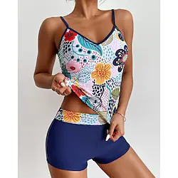 Women's Swimwear Tankini 2 Piece Normal Swimsuit Water Sports Open Back string Print Floral Tropical Blue Camisole Padded V Wire Bathing Suits New Vacation Casual Lightinthebox