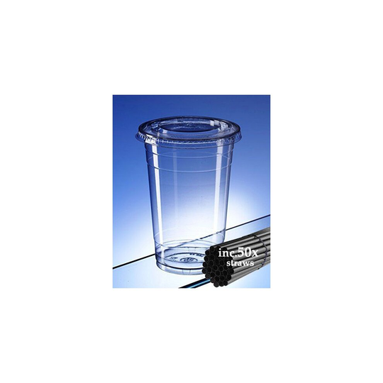 (Box of 1,000) Recyclable Takeaway cups with flat lids & drinking straws 400ml