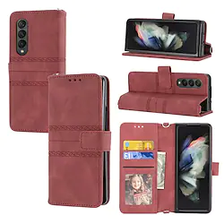 Phone Case For Samsung Galaxy Wallet Card Z Fold 2 Z Fold 3 Z Fold 4 Portable Wallet Card Holder Slots Lines / Waves Solid Colored Geometric Pattern Plastic PU Leather Lightinthebox