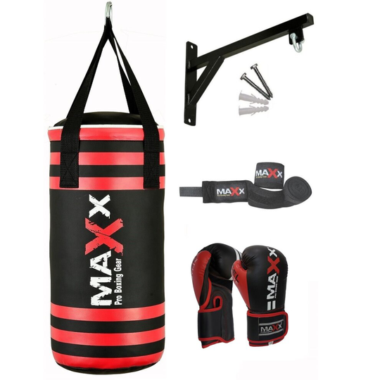 (BAG WITH BRACKET , 6OZ) Maxx BLACK RED Kids Punch Bag SET Boxing Junior punching bags Bracket Hook 6oz Or 8oz gloves- choose from given options