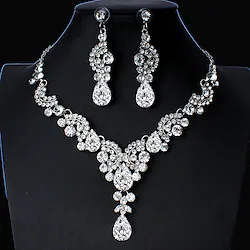 Hoop Earrings 1 set White Rhinestone Zinc 1 Necklace Earrings Women's Basic Elegant Korean Classic Drop Pear Jewelry Set For Party Wedding Carnival / Bridal Jewelry Sets / Imitation Diamond Lightinthebox