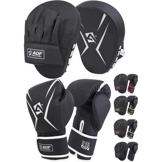 (Silver, 10oz) AQF Boxing Gloves and Pads - Adults & Kids Boxing Set for Kickboxing & MMA Muay Thai Punching Glove with Curved Boxing Pads for Mart