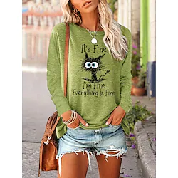 Women's T shirt Tee Cat Letter Casual Cat T shirt Tee Long Sleeve Print Round Neck Hawaiian Loose Green Black Blue S Lightinthebox