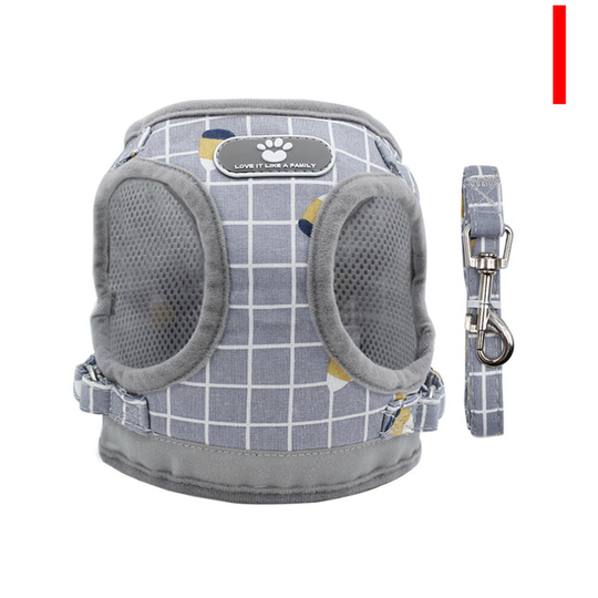 (Gray grid, L) Puppy Dog Cat Harness Walking Leads Set Pet Supplies Reflective Vest