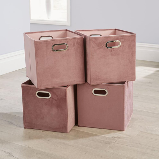 Folding Flat Velvet Blush Square Storage Utility Box Fabric Cube 4pc Basket Set