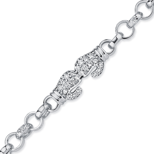 Jewelco London Boys Rhodium Plated Sterling Silver Round Cubic Zirconia Boxing Glove Belcher Bracelet 7mm 6 inch - ABB161-6
