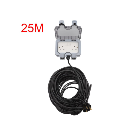 25m Outdoor IP66 Garden Extension Lead Socket Box IP66 Rated Black Cable