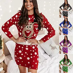 Women's Christmas Sweater Dress Reindeer Rudolph Mini Dress Ugly Christmas Sweater Women's Cute Sweet Christmas Eve Party Evening New Year Eve Lightinthebox