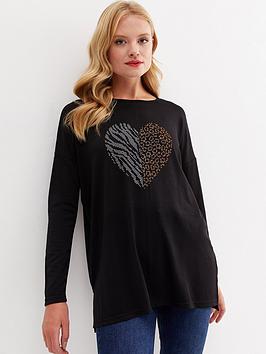 New Look Black Diamanté Animal Print Heart Fine Knit Long Sleeve Top