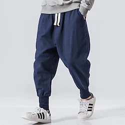 Men's Linen Pants Trousers Patchwork Drawstring Harem Solid Color Breathable Quick Dry Street Casual Athleisure Loose Fit Black Gray Micro-elastic / Winter / Cropped Pants / Moisture Wicking Lightinthebox
