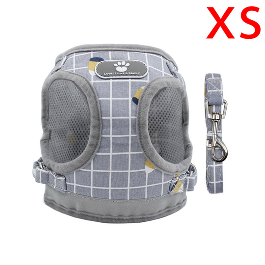 (Gray grid, XS) Puppy Dog Cat Harness Walking Leads Set Pet Supplies Reflective Vest