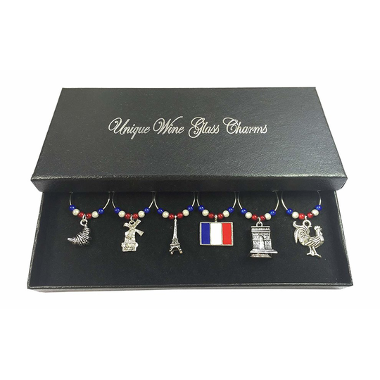 Set of 6 France Wine Glass Charms with Gift Box