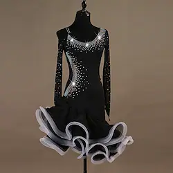 Latin Dance Dress Crystals / Rhinestones Women's Training Long Sleeve High Spandex Tulle Lightinthebox