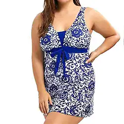 Women's Swimwear One Piece Swim Dress Plus Size Swimsuit Backless Polka Dots Lace up Printing for Big Busts Floral Polka Dot Black Blue Dusty Blue Padded V Wire Bathing Suits New Stylish Vacation Lightinthebox