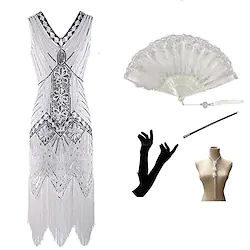 Charleston Plus Size Roaring 20s 1920s Vintage Inspired The Great Gatsby All Seasons Flapper Dress Dress Accesories Set Women's Adults' Sequins Tassel Fringe Costume Vintage Cosplay Party Evening Lightinthebox