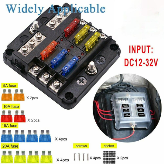 Fuse Box with Negative Bus Blade Fuses Holder Block 6 Way LED for Car Boat Truck