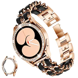 Compatible for Samsung Watch 4 40mm 44mm with Bicolor Bling Bumper Case, Women Chic Stainless Chain with Leather Belt Adjustable Strap for Samsung Watch 4 40mm 44mm Lightinthebox