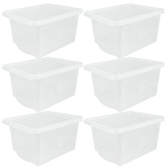(6 Pack 24L Box) Wham Plastic Storage Shelf Box Stackable Containers Clear With Secure Clip Lid