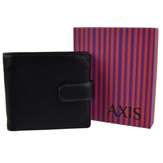 Mens Quality Leather Wallet by Mala; AXIS Collection Gift Boxed Stylish (Black & Purple)