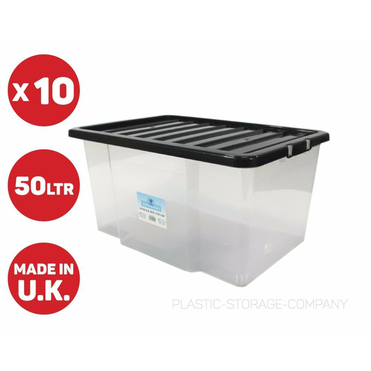 10 X 50 LITRE PLASTIC STORAGE BOX WITH BLACK LID - NESTABLE
