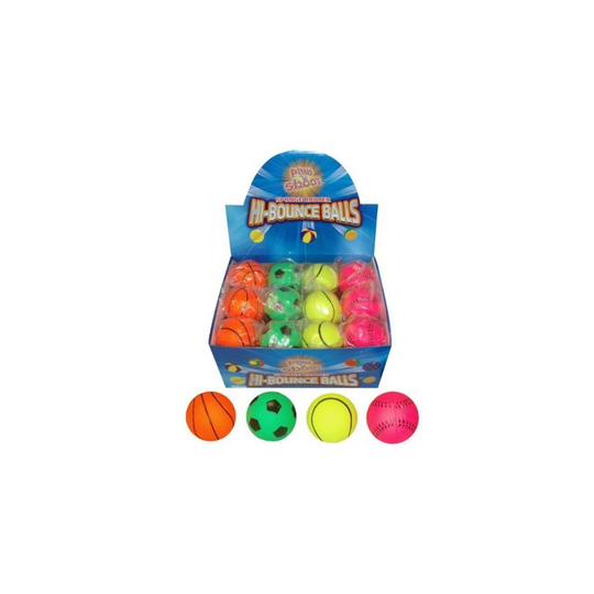 24 x Assorted Sports Pattern Hard Sponge Rubber Hi-Bounce Balls - Wholesale Box