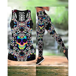 Women's Activewear Set Yoga Suit Yoga Set 3D Print 2 Piece Skull Leggings Tank Top Yellow / Black Black Yoga Fitness Gym Workout High Waist Tummy Control Butt Lift Breathable Sleeveless Sport Lightinthebox
