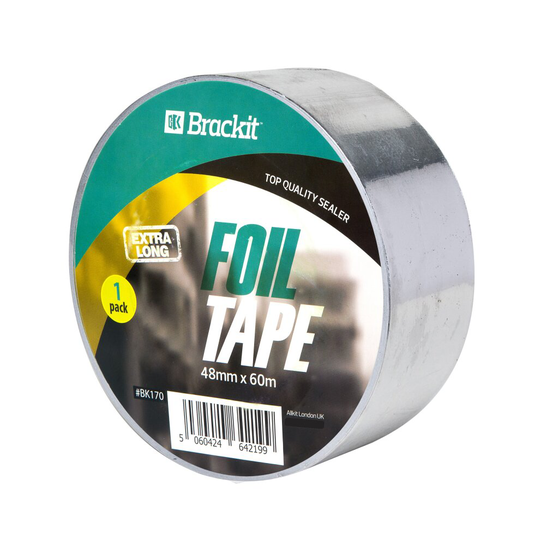 Brackit Aluminium Foil Tape | Conductive High Temp Heat-Resistant Foiled Tape Rolls for HVAC Repair, Ducts, Insulation, Dryers | 48mm x 60m Extra Long