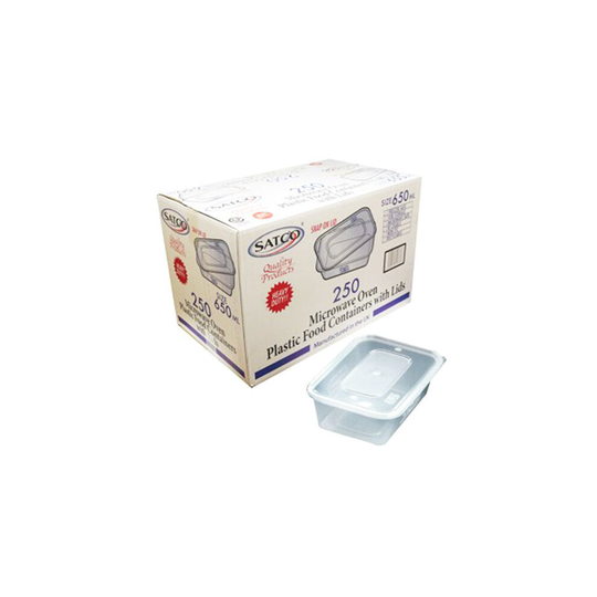 1 BOX OF 250 PCS OF SATCO MICROWAVE CONTAINERS 650 ML WITH SNAP ON LIDS FREEZER SAFE FOR STORAGE, MICROWAVE SAFE, RE-USABLE, NON CFC AND RECYCLABLE