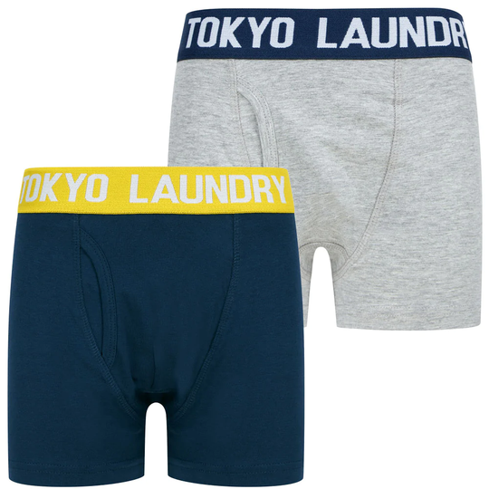 Boys Underwear Boys Levens (2 Pack) Boxer Shorts Set in Mood Indigo / Light Grey Marl - Kids / 6-7 Years - Tokyo Laundry