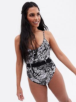 New Look Black Tropical Belted Swimsuit