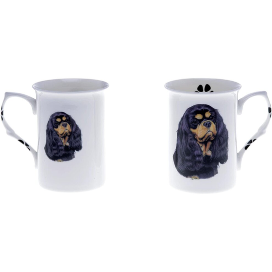 (BB15) Bone China Set of 2 Black & Tan Cavalier King Charles Spaniel Dog Mugs - Gift Boxed