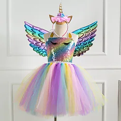 Unicorn Dress Girls' Movie Cosplay Vacation Dress New Year's Golden Silver Dark Blue Dress Wings Headwear Christmas Halloween Carnival Polyester Polyester / Cotton Lightinthebox