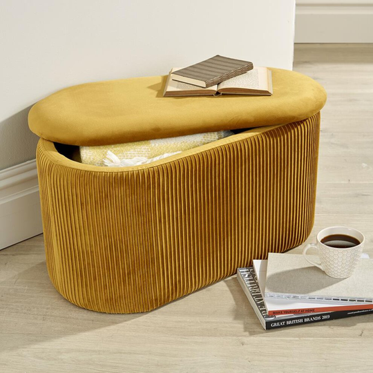 (Mustard) Aurora Velvet Ottoman Storage Box Pouffe Seat Stool Footstool Storage Bench
