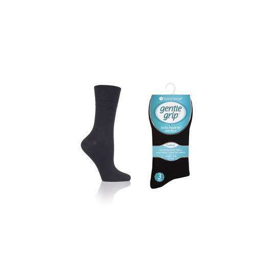 (Black, 3 Pair Pack) Ladies Gentle Grip Diabetic Soft Top Better Blood Circulation Cotton Rich Socks
