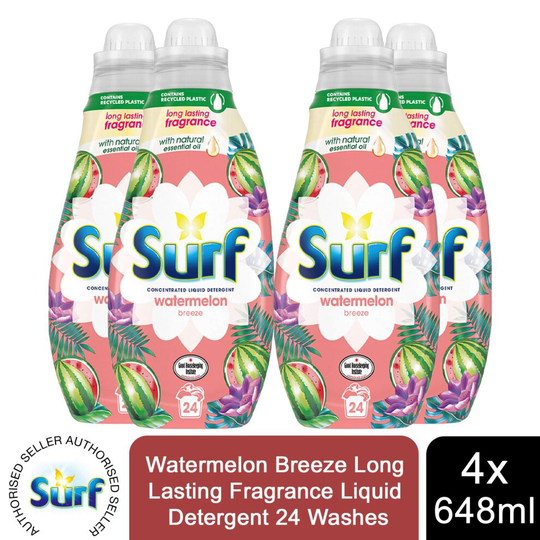 4x 24W Surf Watermelon Breeze Lasting Fragrance Liquid Detergent 648ml
